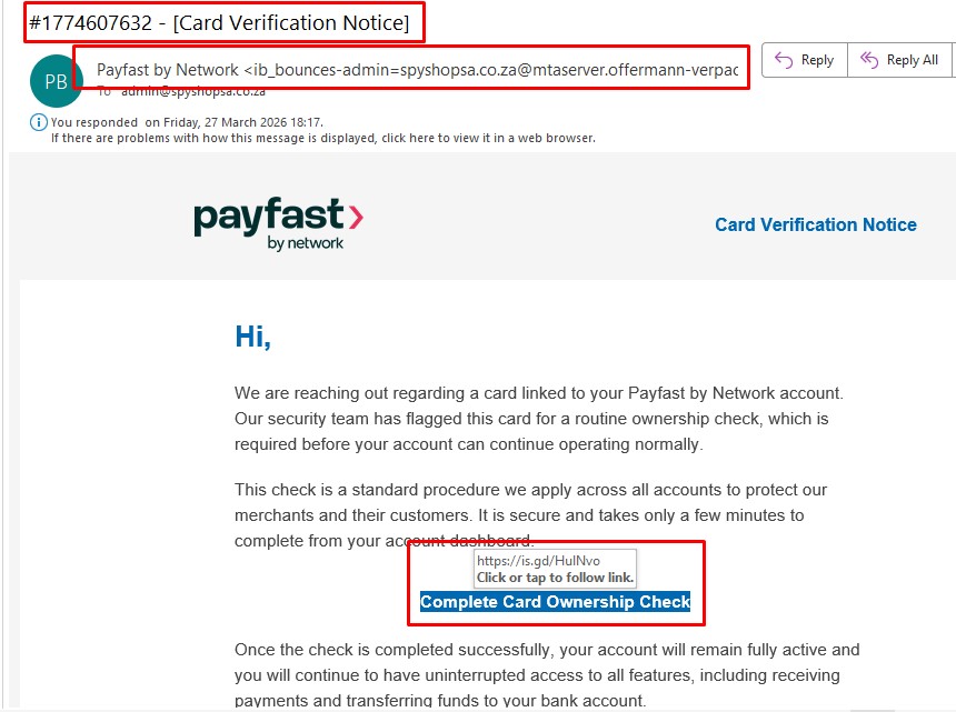 Fake Payfast Card Verification Phishing Email